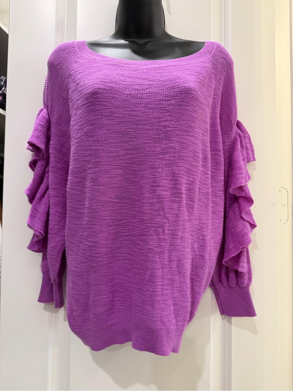 Express Purple Ruffle Sleeve Sweater M Oversized Boat Neck Statement Knit